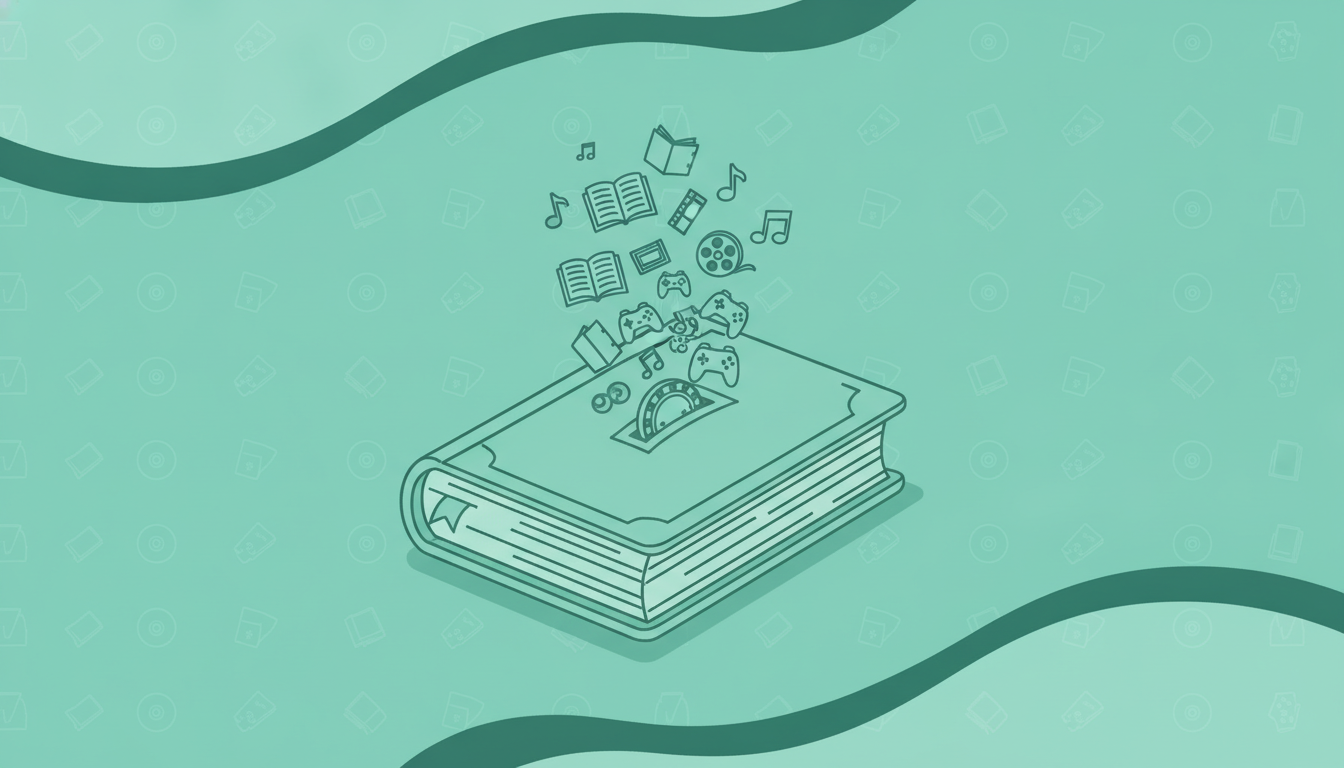 Ilustración de una hucha en forma de libro con monedas y objetos de ocio, simbolizando cómo ahorrar dinero en ocio.